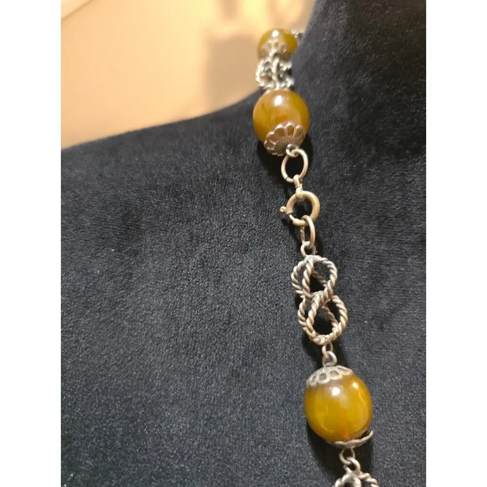 Women's Vintage Style Amber Color Bead Necklace Silver Tone Chain Round Beads
